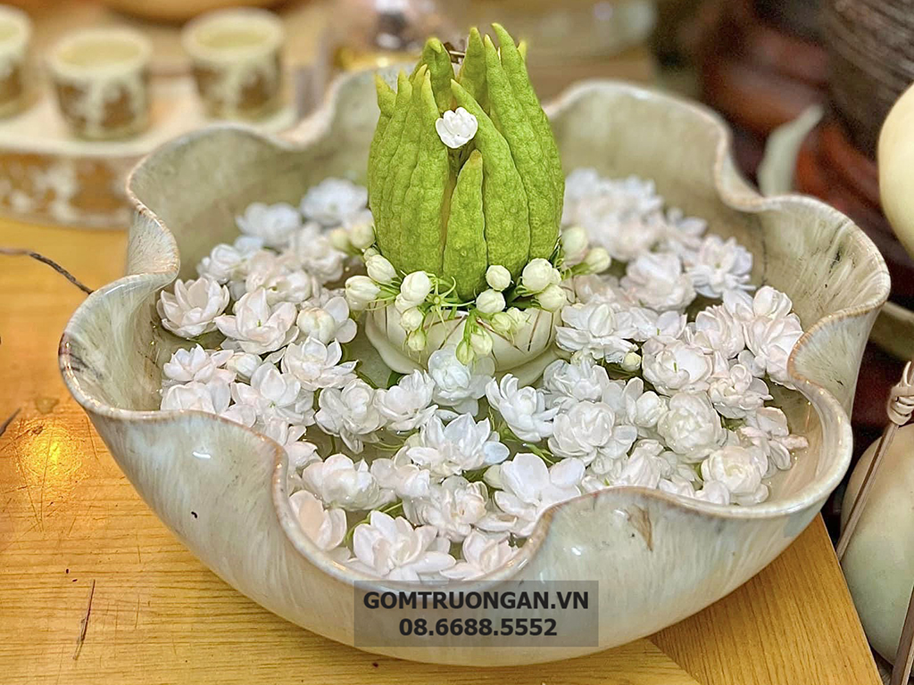 Bát thả hoa thần tài  đường kính 20cm men hỏa biến vàng kem kèm chân đế(không bao gồm sen sứ) 3